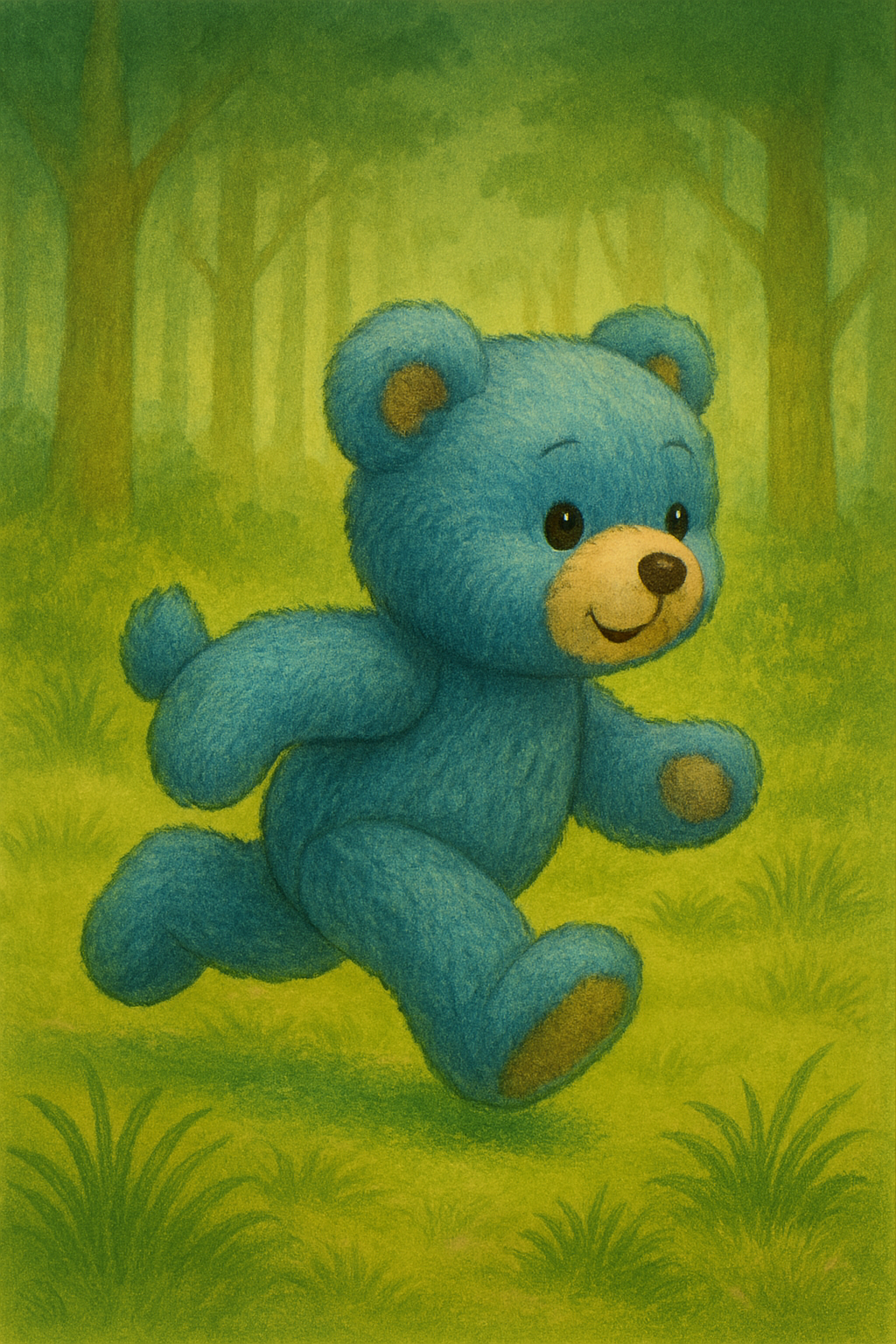A small blue bear running through the forest