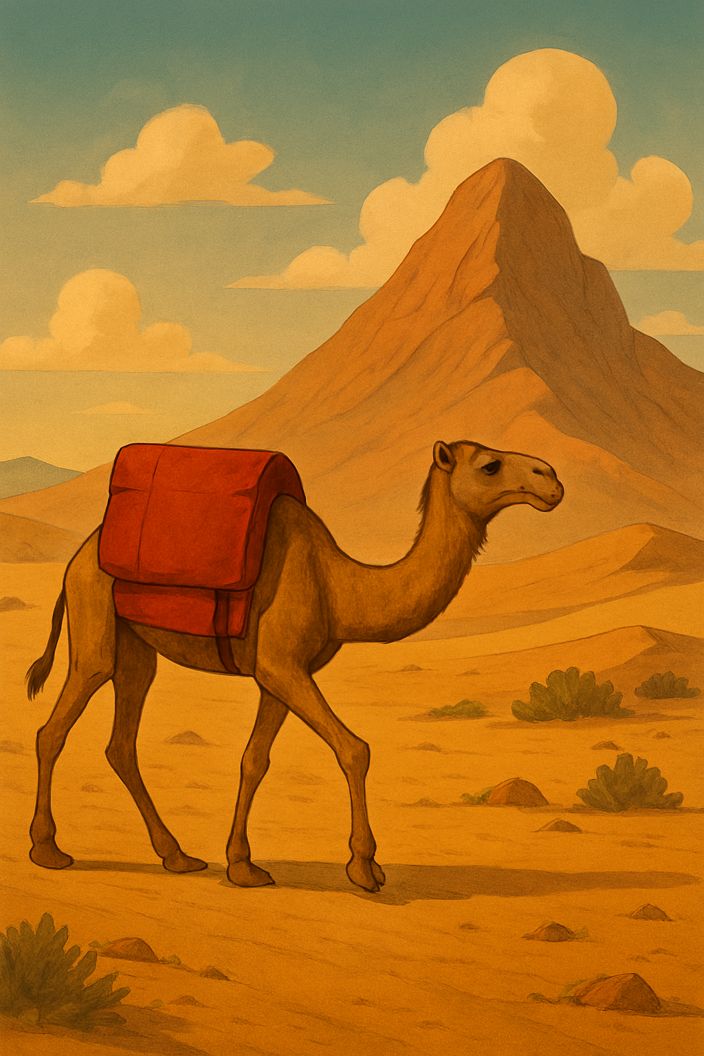 A camel with a red pack on the back