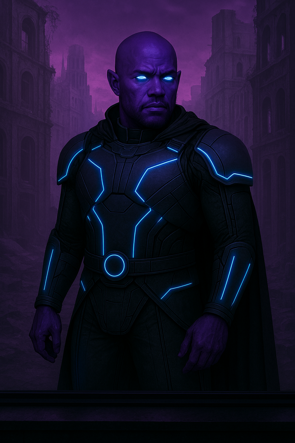 A Velarian man standing in a purple abandoned city