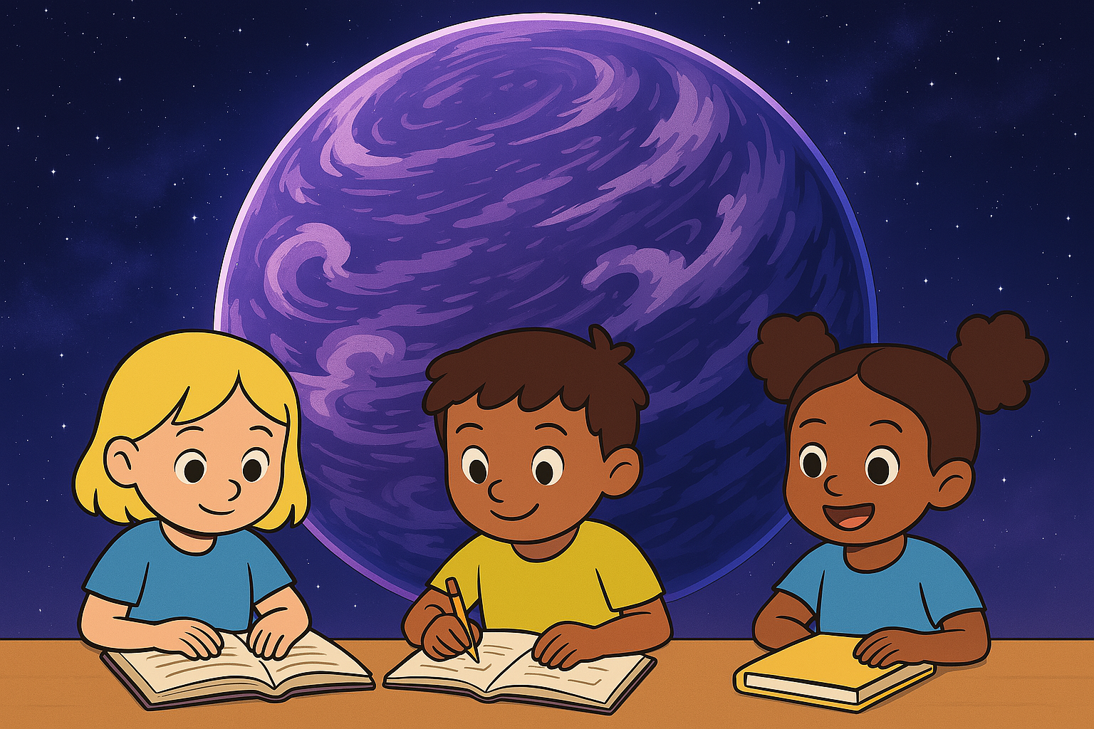 Children using free learning tools in outer space